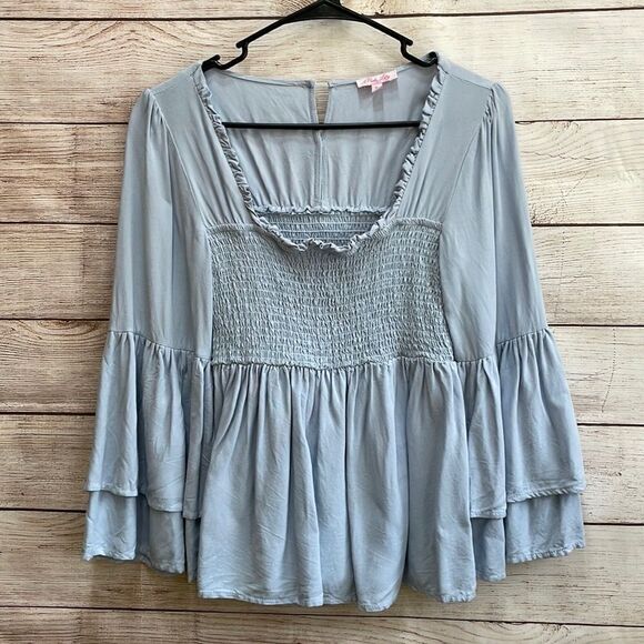 Pink Lily Tops - PINK LILY SMOCKED TOP WITH‎ BELL ALEEVES IN BLUE